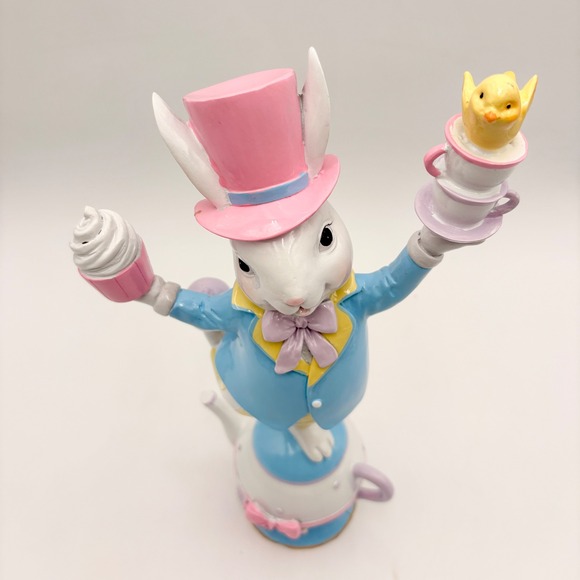 Easter‎ Bunny Figurine Balancing Teapot Cupcake Chick Yellow Egg Spring Decor